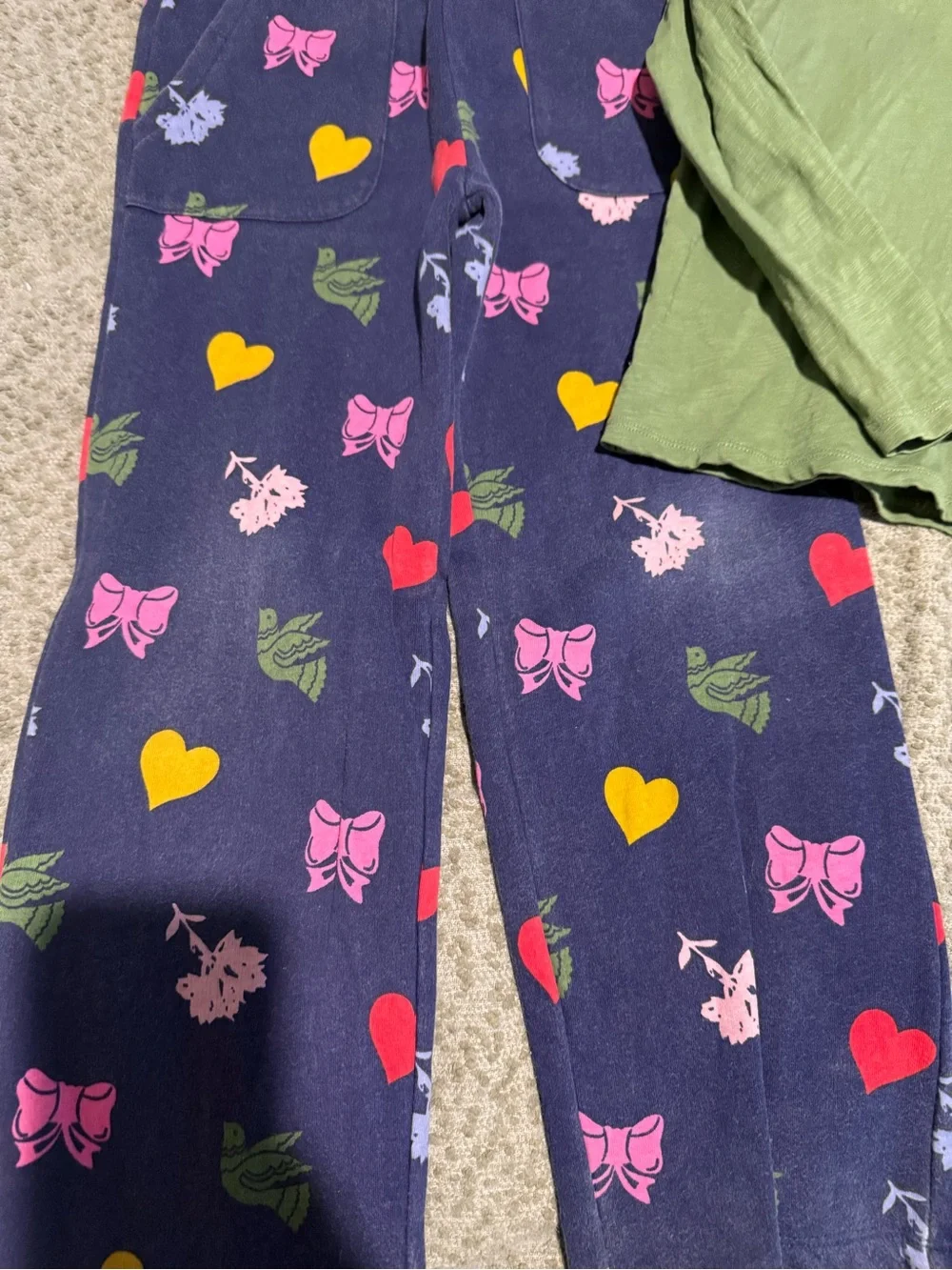 Boden Green Ruffle-Sleeve Top with Navy Heart & Bow Print Pajama Pants